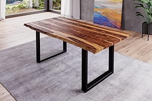 BETT11 SAM B-Ware Baumkantentisch 160x85cm Barney, Sheesham-Holz shinafarben lackiert, Esstisch mit echter Baumkante, massiver Esszimmertisch mit U-Gestell Mattschwarz, Tischplatte 35mm