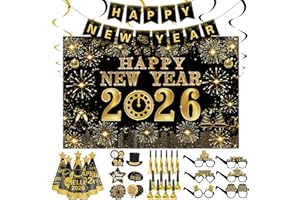 ROTKUSZ Juego de Decoración de Fiesta de Año Nuevo 2026, Decoracion de Cotillon Nochevieja, con Pancarta de Fondo de Happy New Year 2026, Sombreros de Cono, Gafas de Año Nuevo y Sopladores de Fiesta