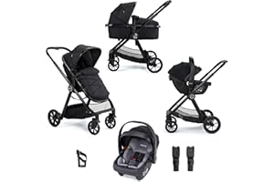 Babymore Mimi Travel System Coco i-Size Car Seat Black - 3 in 1 Pram Pushchair, Easy Folding & Convertible Carrycot to Pushchair Seat, Universal Car Seat Adaptors, Foot Muff, Rain Cover & Cup Holder