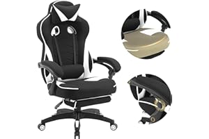 WOLTU Silla Gaming en Tela Transpirable, Ergonómica Silla Gamer con Reposapiés, Sillón Giratorio Videojuegos, Silla Oficina con Asiento Ancho y Cómodo para Personas Grandes, Negro+Blanco