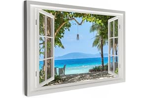 MuchoWow© Quadri su Tela 120x80 cm Foto Quadro Moderno Soggiorno Canvas Decorazioni Camera da Letto Vista dalla finestra - Albero - Mare - Palma - Colline - Spiaggia - Blu