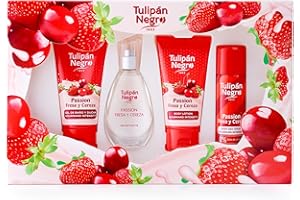 TULIPAN NEGRO Tulipano Nero - Fragola e Ciliegia, Confezione regalo Unisex, Colonia 50 ml + Lozione Corpo 75 ml + Gel da Bagno 75 ml + Deodorante Spray 50 ml, Fragranza Dolce e Fresca a Lunga Durata