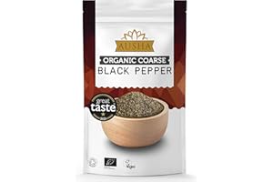 Ausha Organic Black Pepper - 200g - 1* GREAT TASTE AWARD 2023 - UK Certified Organic by Soil Association - Coarse Form - Cooking, Grinding - Mix of Tellicherry Pepper and Malabar Pepper