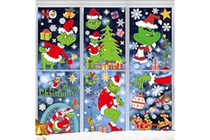 RAINLLON Fensterbilder Weihnachten Selbstklebend,9 Blatt Grinch Fensterdeko Weihnachten,PVC Schneeflocken Fensterdeko,Weihnachtssticker Fenster,Schneeflocken Aufkleber für Winter Fenster Weihnachten deko