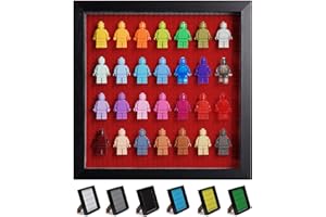 Tapeera Black Wooden Minifigure Display Case - Memorabilia Display Case for Figures - 11 x 11 Inch Shadow Box Frame - Wall and Table Top With Dust Protection - Up To 28 Figures (Red, 3cm Depth)