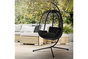 ML DESIGN MODERN LIVING ML-Design Fauteuil Suspendu avec Support et Coussin de Siège, Noir, Hauteur 117 cm, Base en X, Intérieur/Extérieur, Cadre en Métal, Chaise Balançoire de Jardin Terrasse Hamac Balancelle Oeuf sur Pied