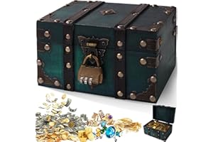 Otauoaea Vintage Holz Schatztruhe, Aufbewahrung Schatzkiste mit Schloss, Holz Schatztruhe kindergeburtstag Schatzkiste kinder mit Deckel Piratenkiste für Aufbewahren und Dekorieren Geschenke(Grün)