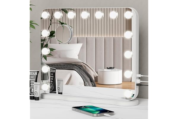 Pureglow Miroir Hollywood LED – Miroir de Maquillage avec 14 Ampoules Dimmables, 3 Modes d’Éclairage, Commande Tactile, Sortie USB/Type-C, Table ou Murale