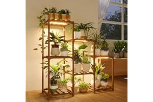 Bamworld Plant Stand with Grow Light Plant Shelf for Mutiple Pots 3 Tiers Ladder Plant Holder for Living Room Patio Boho Home Decor for Gardening Warm Light