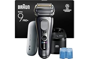 Braun Rasoir Electrique Homme Series 9+ PRO 9677CCE Argent, Etanche, Lames De Précision Ultra-Fines Et Tondeuse Pro Trimmer Pour Bien Raser La Barbe, Coffret Rasage Avec Station De Nettoyage Et Etui