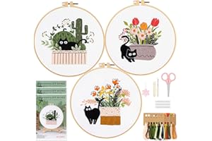 WIVLAX Embroidery Kit for Adults Beginners 3PCS, DIY Stitch Craft Set with Cat Pattern, Hoop, Thread & Needles, Starter Hand Flower Embroidery Kits for Adults, Sewing Gift Set for Women & Teens