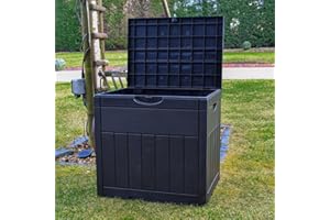 BPS ACCESS SOLUTIONS BPS Deluxe 126L Outdoor Storage Box | Small Garden Furniture Storage Box | Black Wood Panel Effect | Fade Free | All Weather Resistant | Safe and Secure | Zero Maintenance | Balcony
