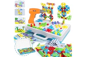 YOPTOTE Spielzeug ab 3 Jahre Mosaik Steckspiel mit Elektrische Bohrmaschine Schrauben Steckspiel Kinder Werkzeug Montessori Spielzeug Puzzle ab 3 Jahre Akkuschrauber Geschenke 3 4 Jahre Junge 224 Stück