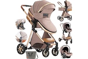 Aveainelle Kinderwagen 3 in 1, Faltbarer Kinderwagen Set, Bequemer Multifunktionaler Kombikinderwagen 3 in 1 Komplettset (V9 Khaki)