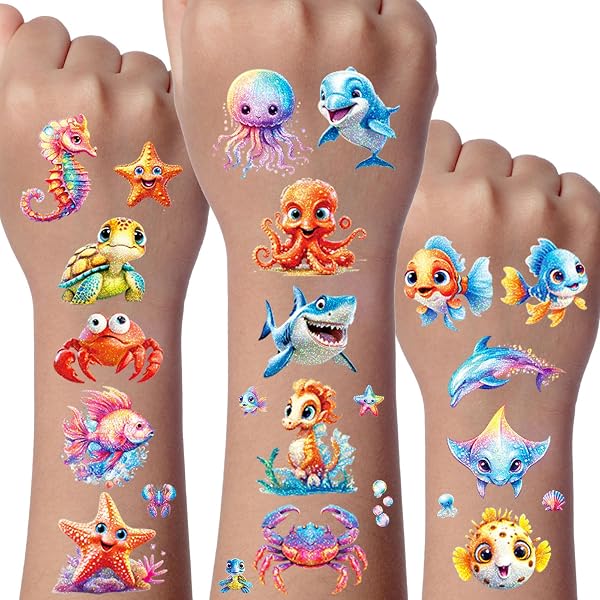 Tatouages Temporaires Sirène Pailletés - 10 Feuilles, 85 Motifs, Imperméables, Pour Fête D'Anniversaire Enfant