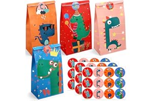 Tatxmalv 24 Pièces Dinosaure Coloré Sacs Cadeaux, 24x13x8 cm Sac Cadeau Petit Format, Sachet Bonbons Anniversaire Colorés avec 36 Autocollants pour Anniversaires D'enfants, Emballage Cadeaux