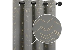 Deconovo Blackout Curtains 66x90 Inch Gold Zigzag Lines Foil Printed Pattern Eyelet Thermal Insulated Curtains for Bedroom Light Grey 2 Panels
