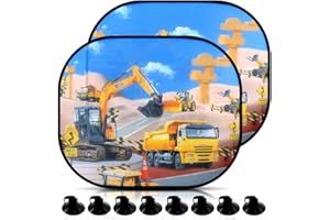 KUDMWCC 2 Stück Auto Sonnenschutz,44x35cm Sonnenschutz Auto Baby Kinder,Sonnenschutz für Auto mit UV Schutz,Bagger Motiv,mit 8 Saugnäpfen