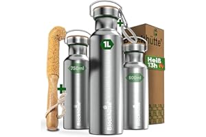 ‎BLOCKHÜTTE Blockhütte Premium Edelstahl Trinkflasche isoliert I 1L I mit Naturborsten Bürste I Isolierflasche auslaufsicher I Isoflasche spülmaschinenfest für Uni, Büro I BPA Frei