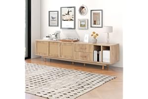 Merax Mueble bajo de ratán para TV de 80 pulgadas, armario de TV con 4 taquillas y 2 estantes abiertos, aparador rústico para sala de estar, comedor, roble natural, 190 x 40 x 52 cm