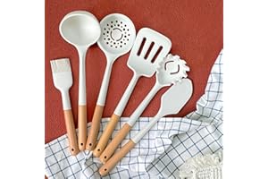KAYRUK Ensemble d'Ustensiles de Cuisine en Silicone, 6 pcs Ustensiles de Cuisine en Silicone Antiadhésif de Qualité Alimentaire avec Manche en Bois de Hêtre, sans BPA (Blanc)