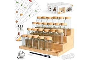 SAEIV Frascos De Especias Cuadrados Con Bandejas De Bambú 2-En-1 (FCM®) - Juego De 24X120Ml Saleros, Frascos Con Estante & Set, Frascos De Especias, Ahorro De Espacio Para Organización Cocina