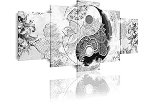 DekoArte 519 - Impression Sur Toile Moderne D'Images Artistiques | Toile Décorative Pour Votre Salon Ou Votre Chambre | Style Abstrait Ying Yang Zen Couleurs Blanc Noir | 5 Pièces 200 x 100 cm XXL