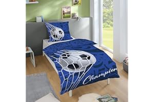 ‎FAMILANDO Familando Fußball Bettwäsche Set Decke 135x200 Kissen 80x80 cm aus 100% Baumwolle mit Reißverschluss · Oeko-Tex Bettwäsche, Blau mit Ball im Tor · weiche Kinderbettwäsche, Maschinenwaschbar