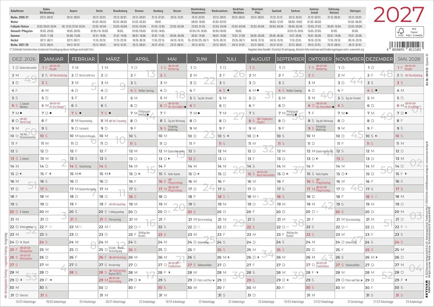 Technische Daten & Spezifikationen : Tafelkalender A4 einseitig 2027 Jahresübersic