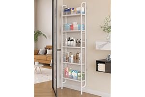 Ornestia Behind Door Storage Organizer Rack, 5 Tier Tall Narrow Metal Storage Bookshelves, Kitchen Slim Shelving Unit, Thin Space Savers Standing Shelf for Pantry Organization（White）