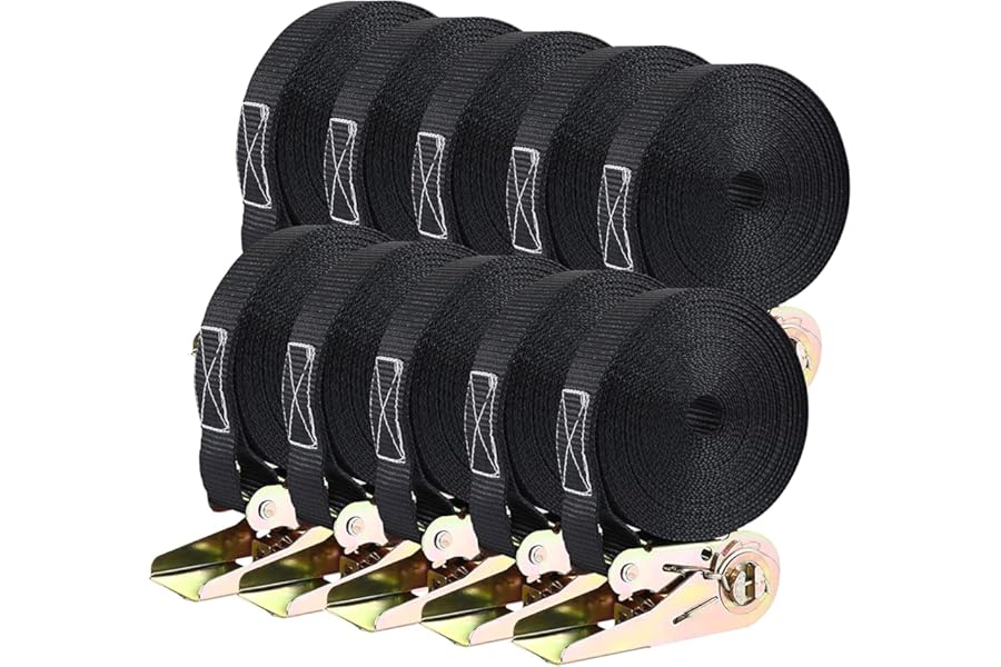 10 Pack Ratchet Tie Down Strap, 6m Heavy Duty Ratchet Straps, Tensioning Belts with Adjustable Lashing Straps Tensile Strength 800 kg, for Trucks, Motorbikes, Securing Cargo or Luggage, Black