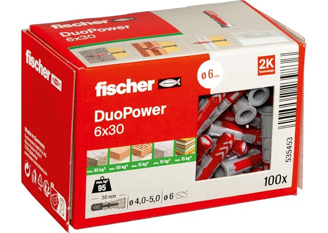 fischer DuoPower 6 x 30, Universaldübel, leistungsstarker 2-Komponenten-Dübel, Kunststoffdübel zur Befestigung… – Produktbeispiel aus Baumarkt