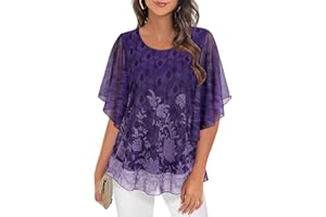 Syphiby Womens Blouses Ruffle 3/4 Sleeve Mesh Ladies Tops Chiffon Double-Layered Tunic Tops Loose Flowy Shirts