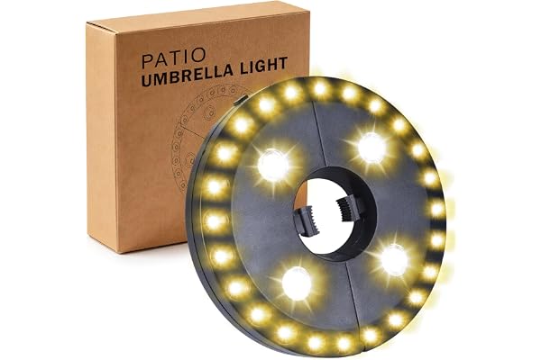 OYOCO – Lumière blanche chaude pour parasol de terrasse, 3 modes de luminosité, 28 lumières LED à 200 lumens, fonctionne avec 4 piles AA, pour parasol, tentes de camping