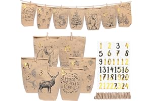 DECHISY Adventskalender Tüten, 24 Papiertüten Adventskalender mit Zahlenaufklebern & Klammern, Diy adventstüten zum Befüllen, Weihnachten Geschenke Machen