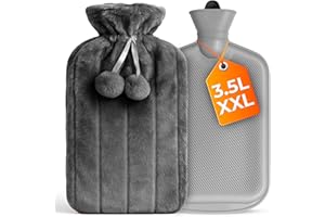 VOLILA 3.5L Extra Large Hot Water Bottle - Grey Faux Fur Covered Hot Water Bottle for Pain Relief, Hand and Foot Warmer - Luxury, Soft and Washable Hot Water Bag for Hot and Cold Compress