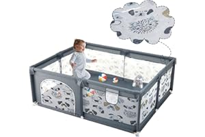 TuKIIE Playpen for Baby and Toddlers 180 x 150 cm, Kid’s Fence with Breathable Mesh, Indoor & Outdoor Baby Activity Play Center, Safety Play Yard for Kids 6 Months - 4 Years Old (Dogs)