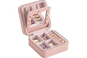 SONGMICS Caja Joyero de Viaje, Caja de Joyas Pequeña, Joyero Portátil, con Espejo, Cremallera, Revestimiento PU, 11,4 x 11,4 x 5,5 cm, Idea de Regalo, Rosa Jalea JBC146S01