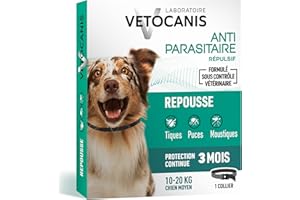Vetocanis, Collier Anti Puces pour Chien, Répulsif Puces, Tiques, Moustiques, Protection 3 mois, Antiparasitaire Chien de 10 à 20 kg, Aux Extraits de Margosa et Lavandin