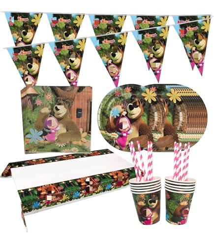 Beary – Kit Decorazione Primo Compleanno A Tema Orso Per 20 Ospiti: Palloncini, Tovaglia, Piatti, Bicchieri E Striscione