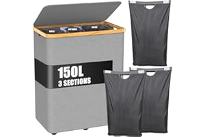 GGISUI Cesto Portabiancheria 150L con Coperchio Grigio, Cesta per Biancheria, per Panni Sporchi, con 3 Sacchetti Staccabili, Pieghevole