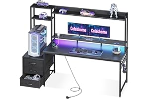 Coleshome Escritorio Gaming con Estanteria y Cajones, Mesa Gaming con Iluminación LED & Toma de Corriente, Escritorios para PC con Repisas de Almacenamiento (Negro Fibra de Carbono, 161×48 cm)