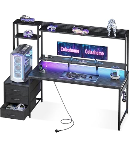 TIQLAB Scrivania Da Gaming 119cm Con Luci LED E Presa USB - Tavolo Computer In Fibra Di Carbonio Con Cassetto E Ganci - 5