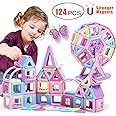 ATCRINICT 124 PCS Magnetic Tiles STEM Magnet Building Blocks Construction Magnetic Tiles for Kids Montessori Toys for 3 4 5 6 7 Year Old Boys Girls Gifts Birthday Christmas