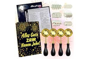 Ycaaeo Zinngießen Set Silvestergießen mit 24 Zinnfiguren 4 Löffel, Zinn Giessen Silvester, Wachsgießen Glücksbringer für Silvester Partyspiele Silvestergießen das Wahrsagerei