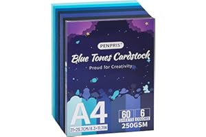PENPRIS Cartone Toni Blu - 60 Fogli 6 Colori Cartone Blu Formato A4 Carta da Cartone 250gsm/92lb Cartone Pesante per Stampante, Creazione di Cartoline, Artigianato DIY, Scrapbooking PAC06MX2
