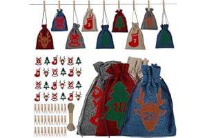 RINWYWEY DIY Adventskalender, Weihnachten Geschenksäckchen Deko Kette zum Selberfüllen 3 Farben 24 Stücke Set mit 1-24 Adventszahlen