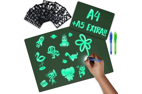 Tablette Lumineuse Enfant A4 et A5, 6 Pochoirs et 2 Stylo Espion - BONNYCO | Jouet Fille Garcon 3 4 5 6 7 8 9 10 Ans | Ardoise Magique, Jeux Cadeaux Enfants | Tableau Magique pour Anniversaire, Noël