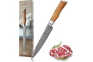 Wakoli - Cuchillo de carne, hoja de 17,00 cm de largo, muy afilado, profesional con hoja de Damasco y mango de madera de olivo, cuchillo de cocina