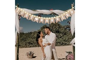 SUMIND Just Married Burlap Banner, Wedding Bunting Banner with LED Fairy String Light 8 Flicker Mode, Hanging Sign Garland Pennant Photo Booth Props for Bridal Shower Wedding Engagement Car Party Decoration